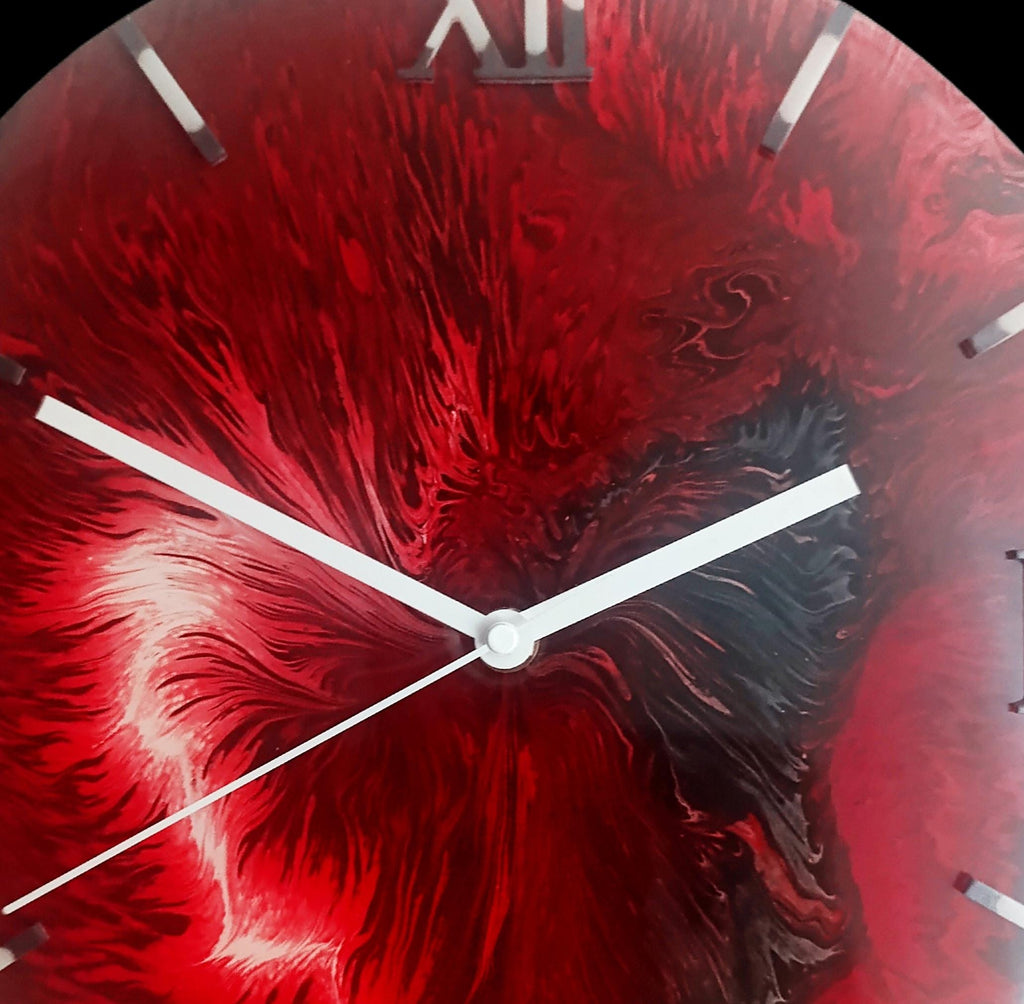 Red Inferno- Red Abstract Wall Clock – Handmade Acrylic Pour Art with Epoxy | Modern 30cm Art Clock – Unique Gift for Home & Art Lovers"