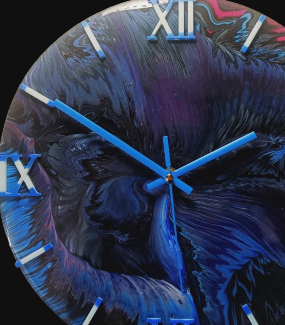 Midnight Blue- Modern Wall Clock – Abstract Acrylic Pour Art with Epoxy | Luxury Handmade 30cm Art Clock – Unique Designer Wall Decor"