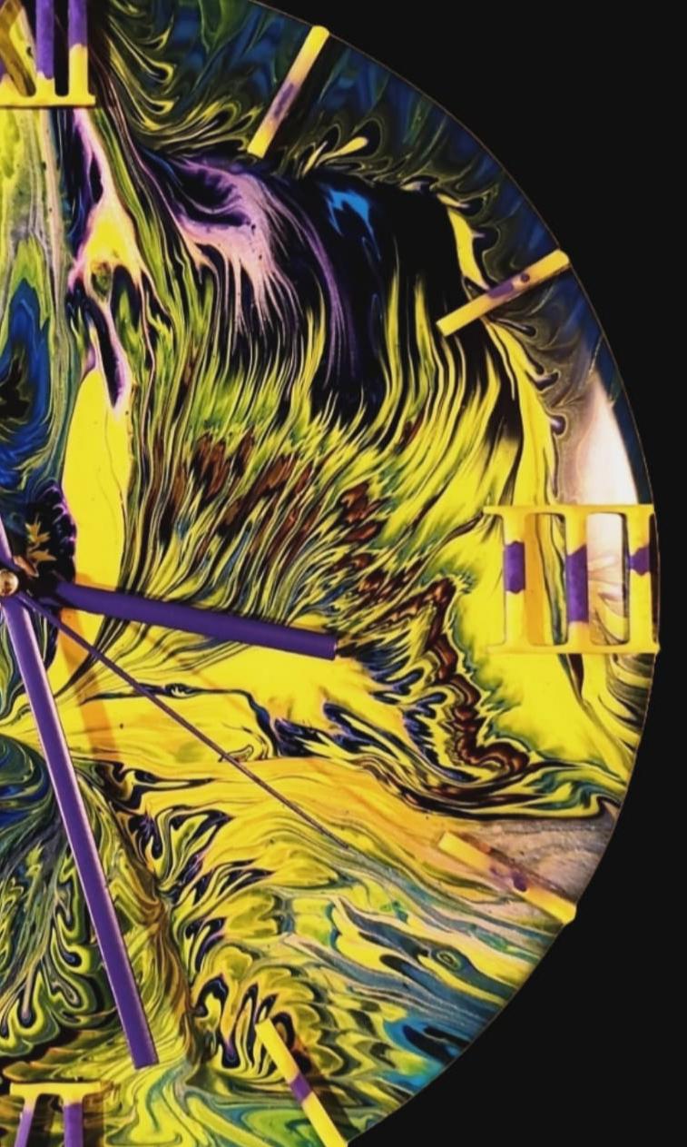 Colorful Nature -Unique Yellow & Purple Wall Clock Handmade Acrylic Pour Art with Epoxy | Modern 30cm Art Clock –Luxury Colorful Wall Decor