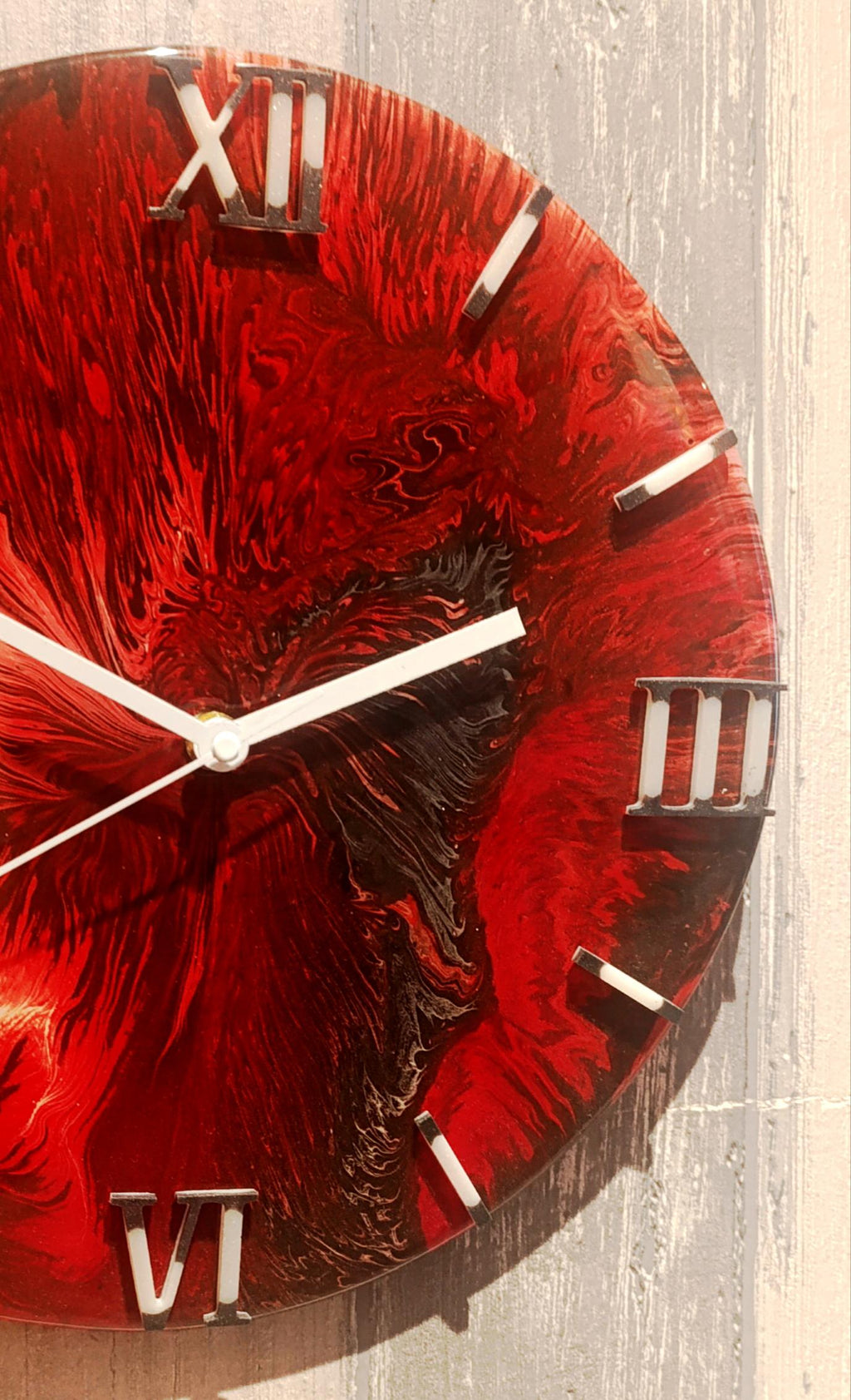 Red Inferno- Red Abstract Wall Clock – Handmade Acrylic Pour Art with Epoxy | Modern 30cm Art Clock – Unique Gift for Home & Art Lovers"