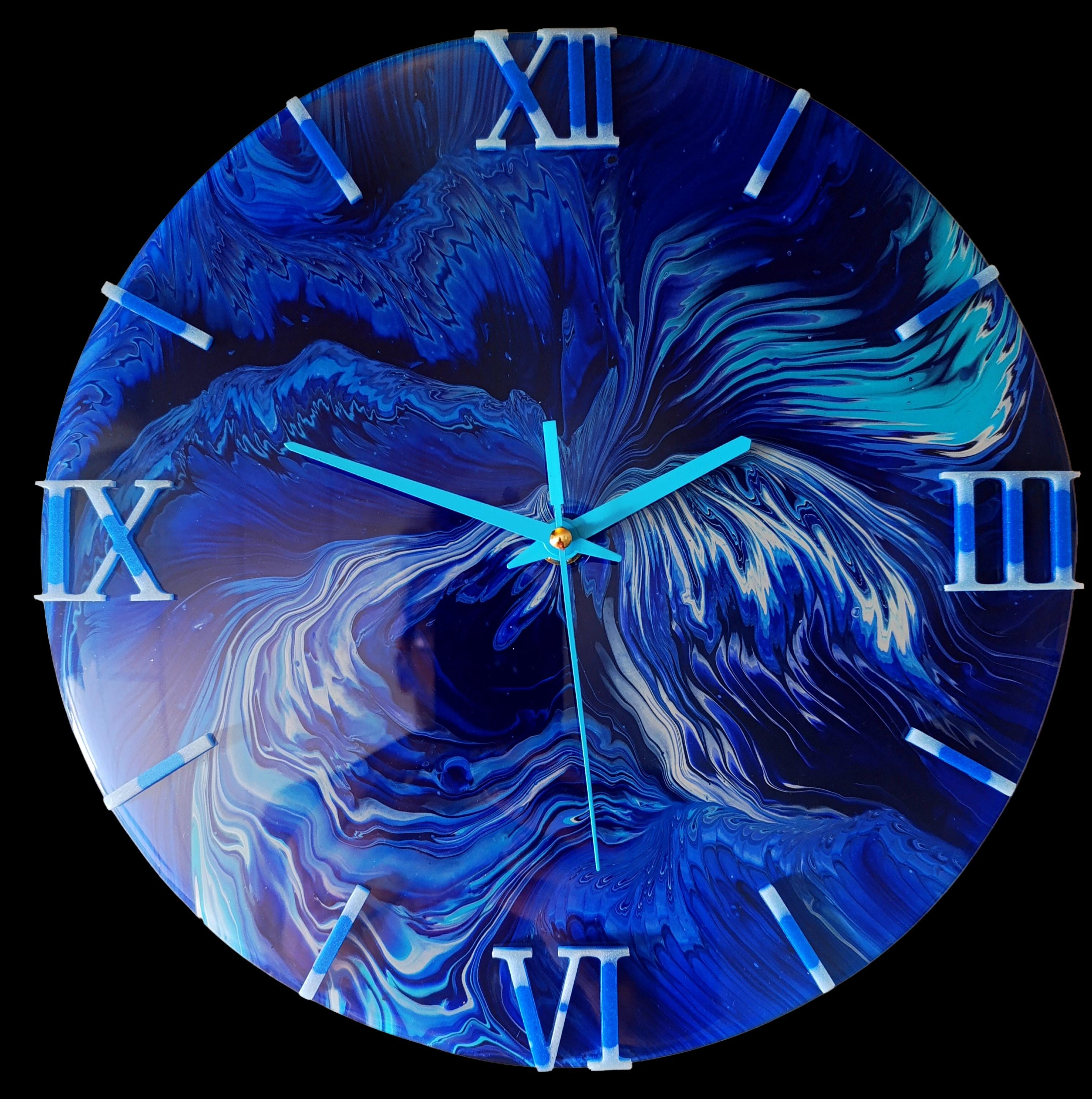 Wandklok 30cm blauw Ocean Waves handgemaakt acryl pour art silent uurwerk belgië