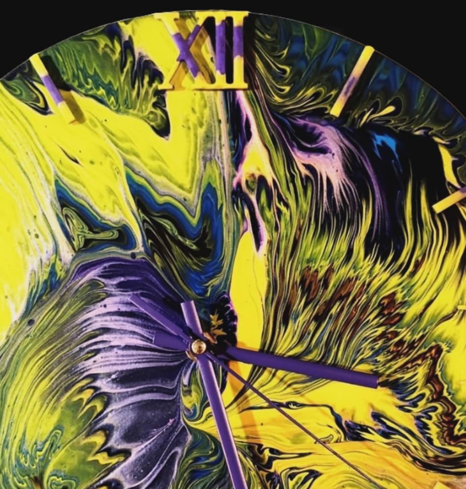 Colorful Nature -Unique Yellow & Purple Wall Clock Handmade Acrylic Pour Art with Epoxy | Modern 30cm Art Clock –Luxury Colorful Wall Decor