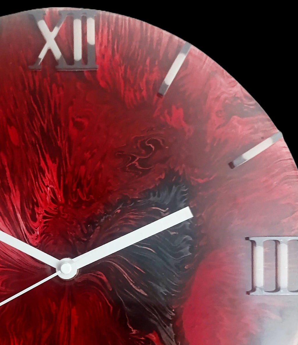Red Inferno- Red Abstract Wall Clock – Handmade Acrylic Pour Art with Epoxy | Modern 30cm Art Clock – Unique Gift for Home & Art Lovers"