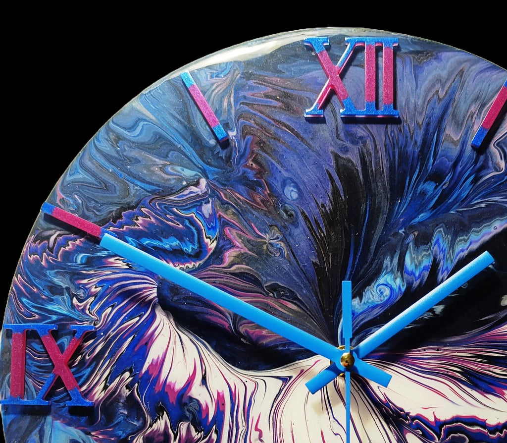 Midnight Cascade – Dark Blue Waterfall Acrylic Pour Clock, 30cm, Unique Wall Art, Handmade Home Decor, One-of-a-Kind Gift