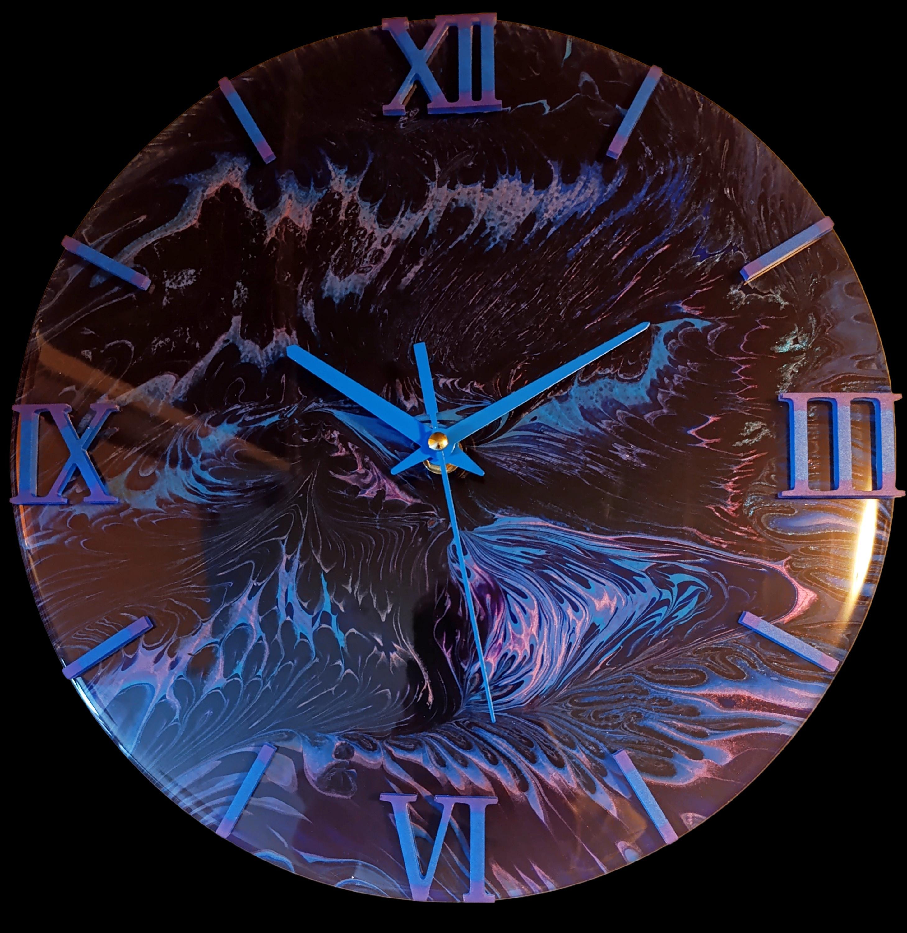 Wandklok 30cm zwart paars Midnight Swirl moderne design klok handgemaakt belgië