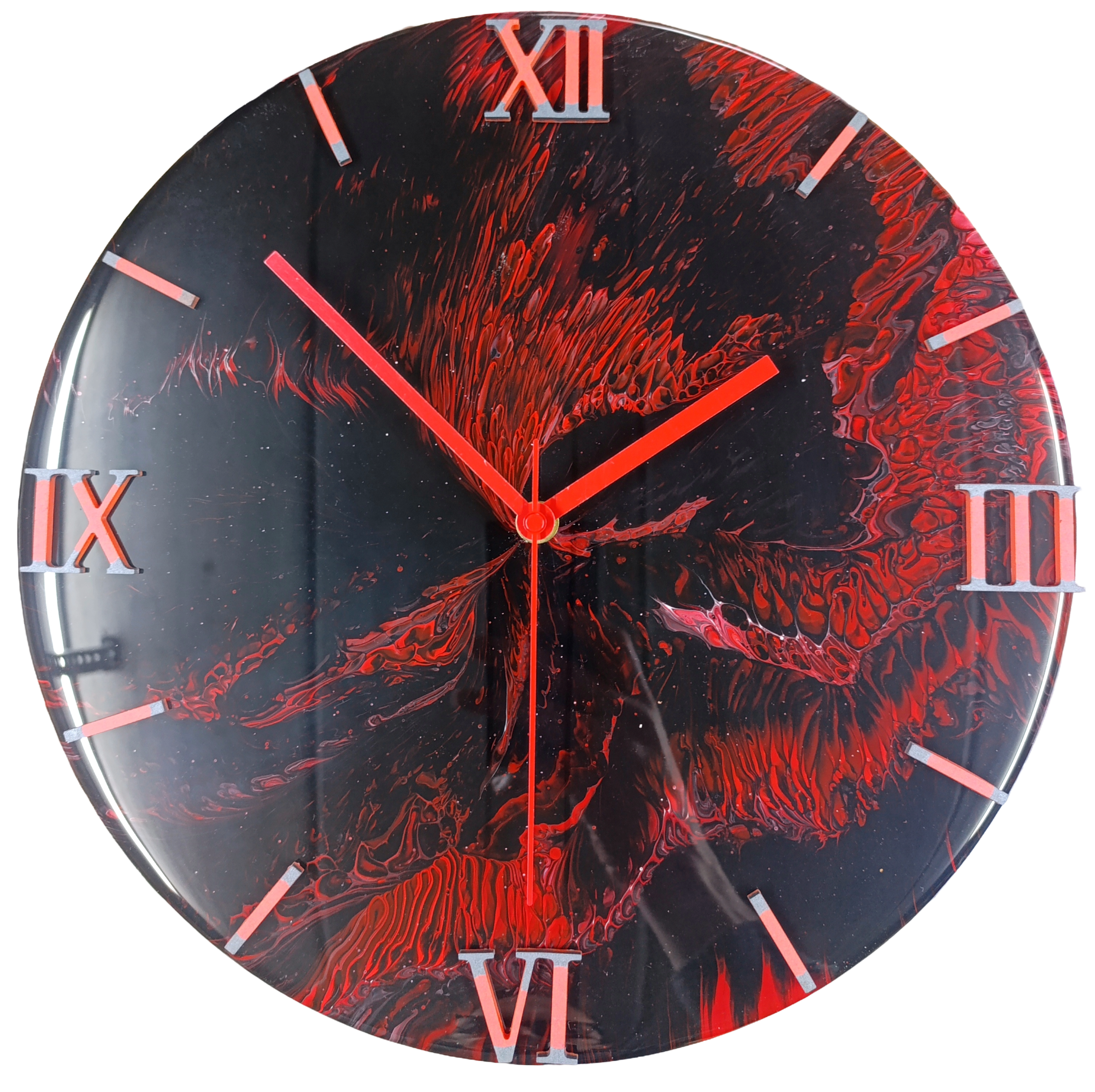 Handgemaakte wandklok 35cm Red Stream ( acryl pouring kunst)