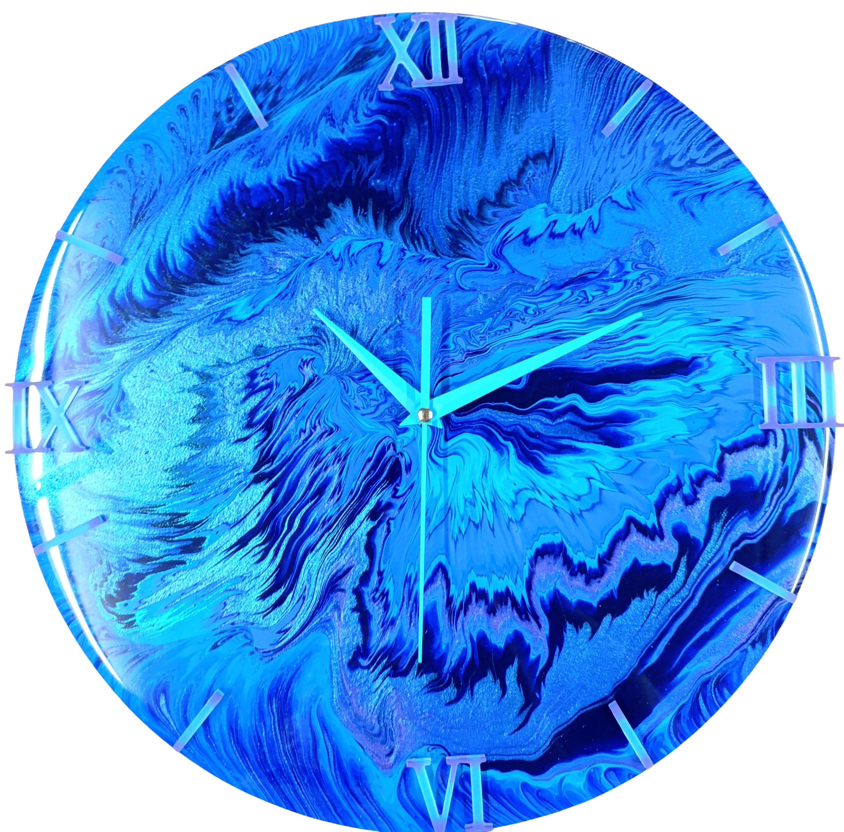 Wandklok 40cm blauw Ocean Drift grote acryl pour klok silent handgemaakt belgië