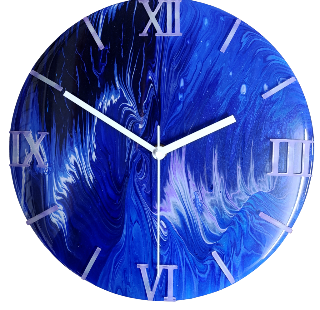 Handgemaakte wandklok 30cm- Deep-Blue Wave (Acryl Pouring kunst)