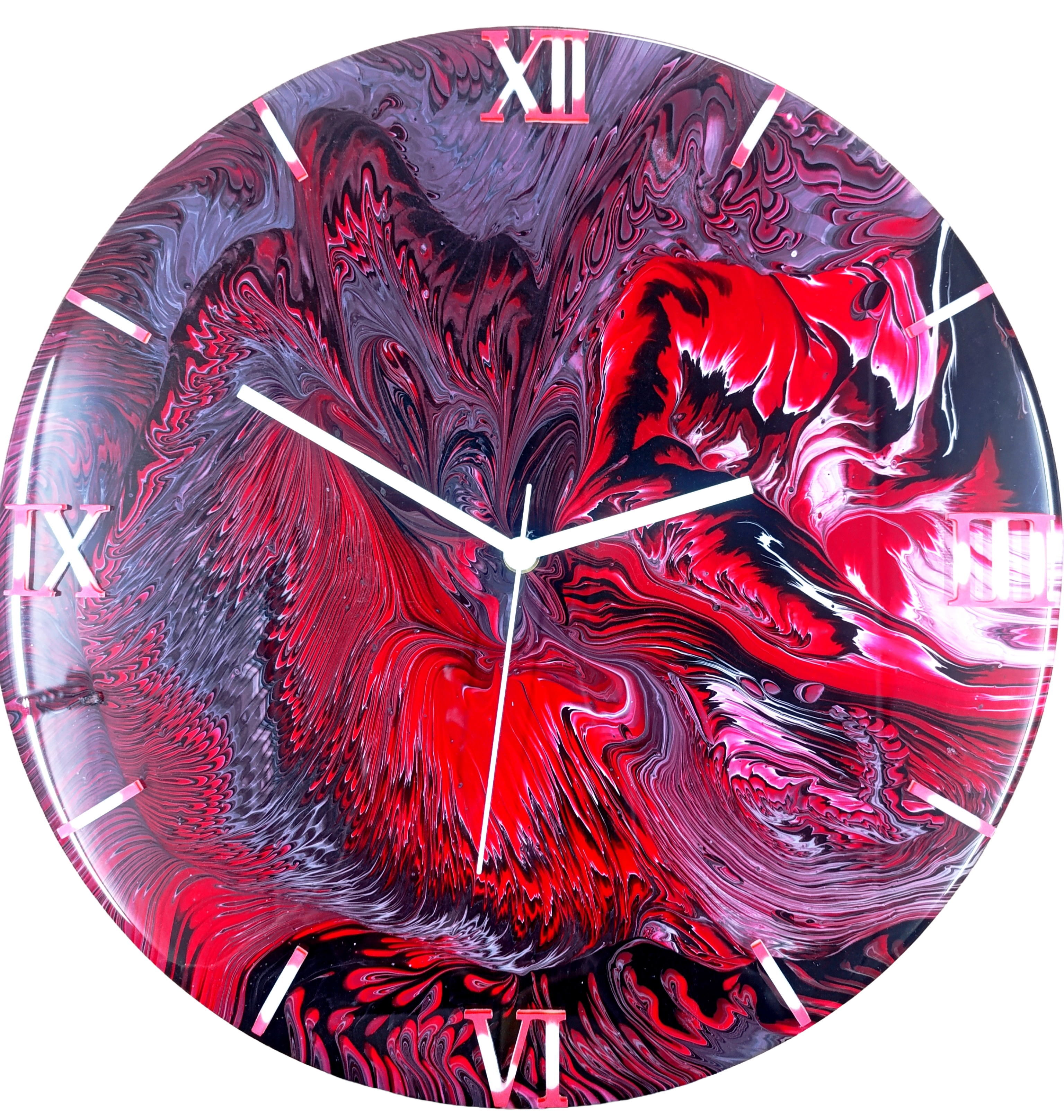 Wandklok 40cm rood Red Lava lava effect acryl pour silent handgemaakt belgië