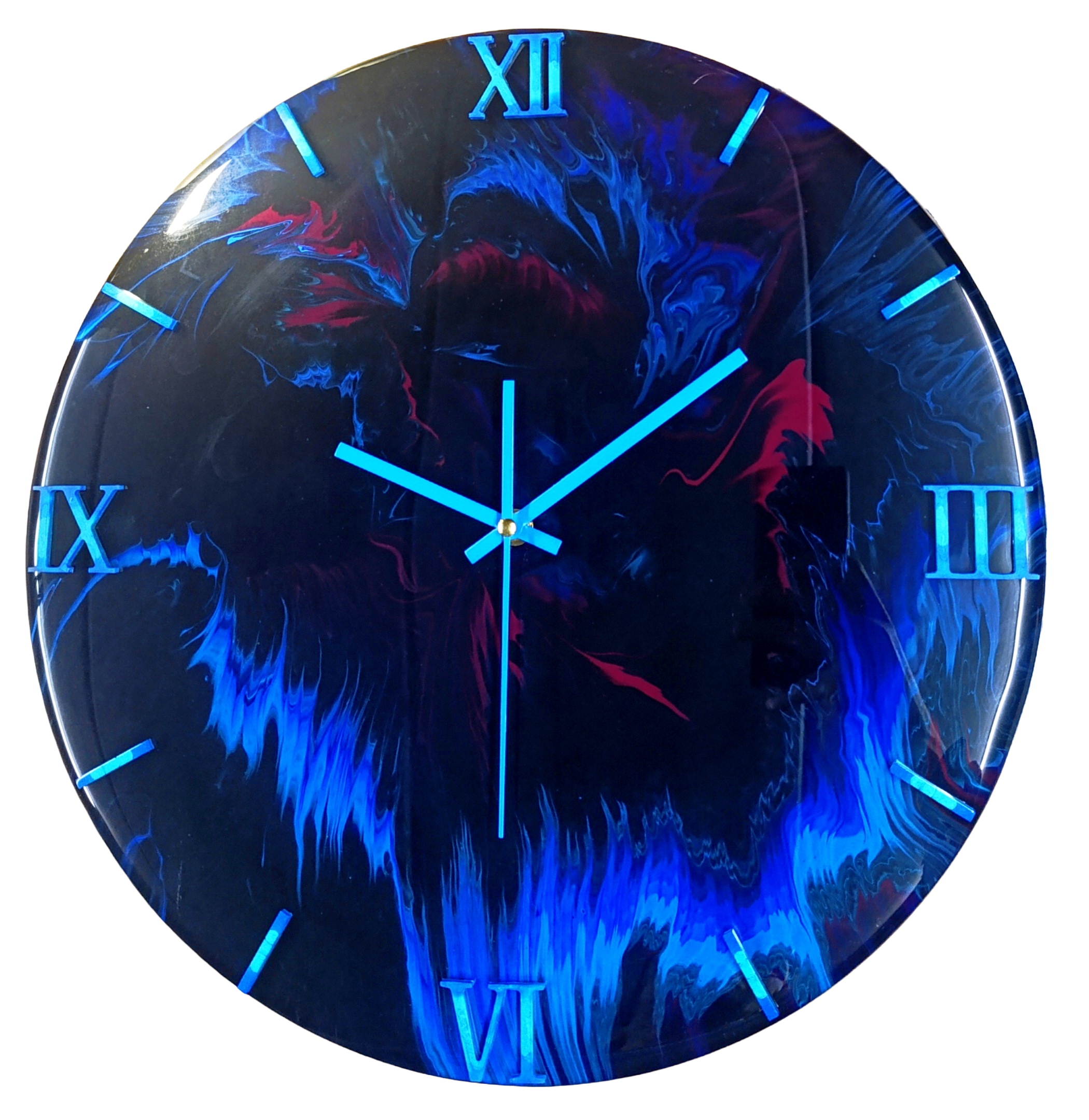 Wandklok 40cm blauw Midnight Blue Flame vuur effect acryl pour silent belgië