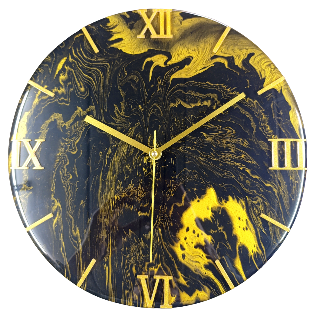 Handgemaakte wandklok 35cm Golden stream (acryl pouring kunst)