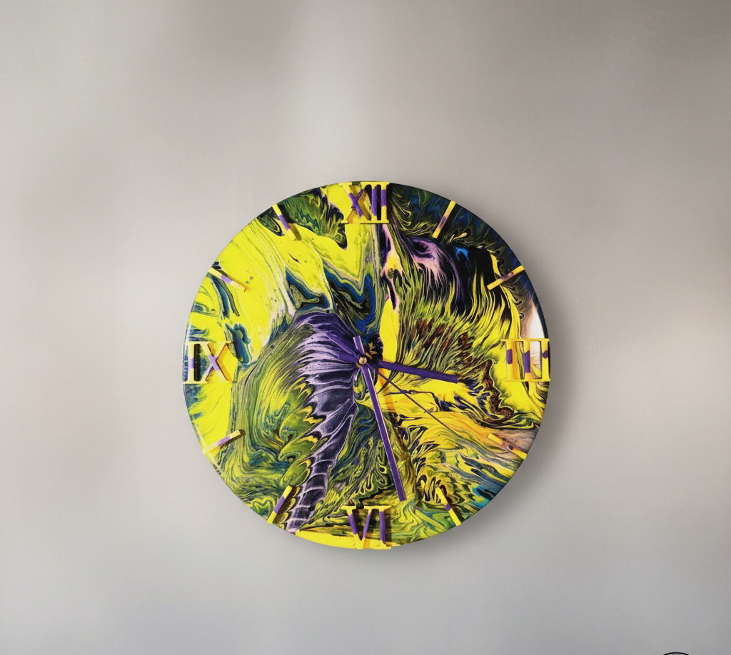 Handgemaakte wandklok 30cm- Colorful Nature (Acryl Pouring kunst)