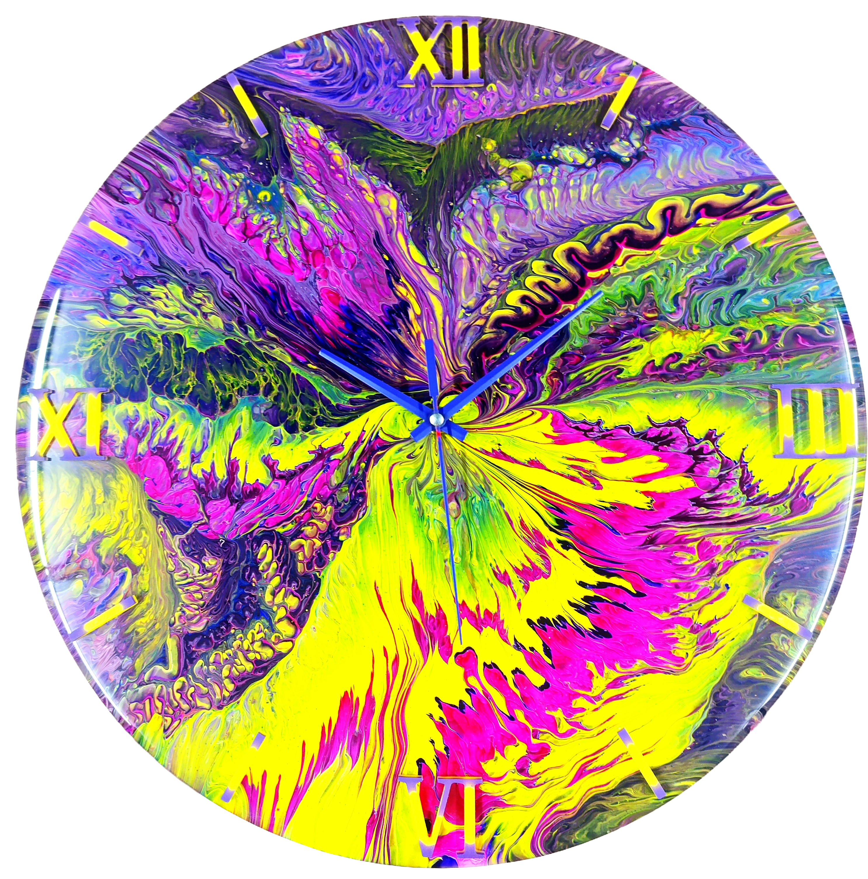 Wandklok 40cm neon Color Burst kleurexplosie acryl pour handgemaakt belgië