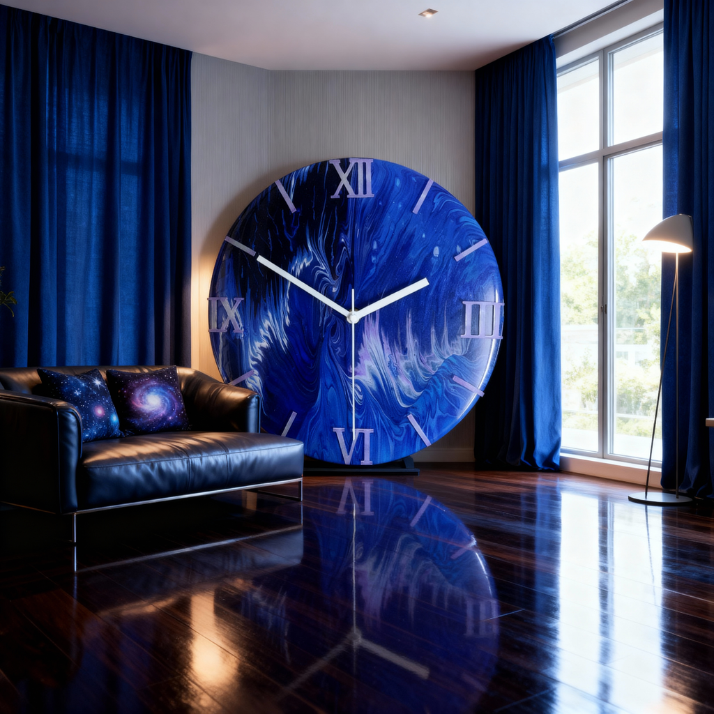 Handgemaakte wandklok 30cm- Deep-Blue Wave (Acryl Pouring kunst)